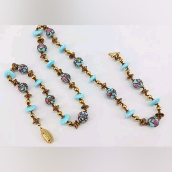 Wedding Cake Robin Egg Blue Glass Beaded Gold Tone Vtg 28" GORGEOUS Necklace - Picture 2 of 15